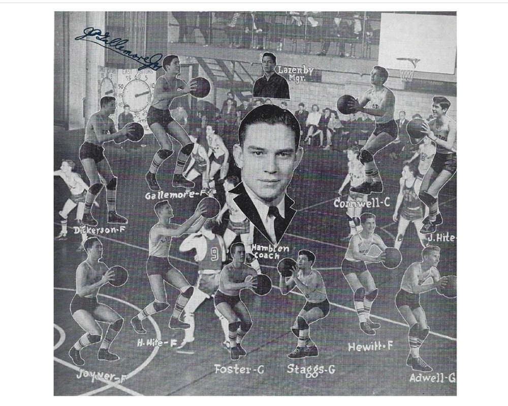 1940's Basketball Team: Albert Dickerson, Ned Joyner, Harold Hite, Johnny Hite, Bubber Adwell, Grady Cornwell, Kirby Foster and Leonard Staggs.
